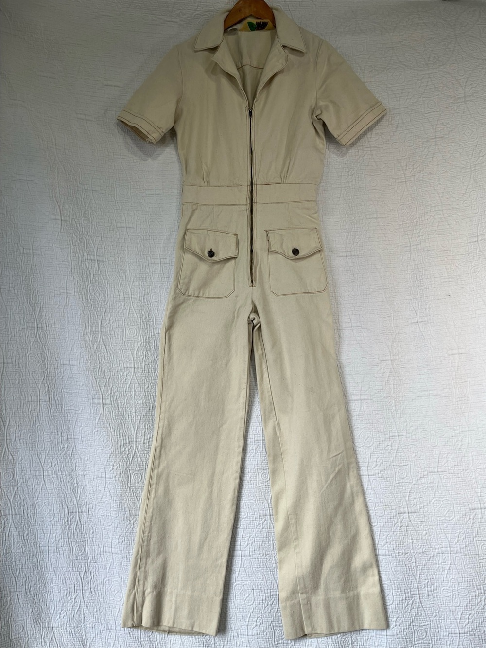 Vintage Wild Oats Cotton Denim Jumpsuit Size XS Cream Short Sleeve Zip Front Vtg